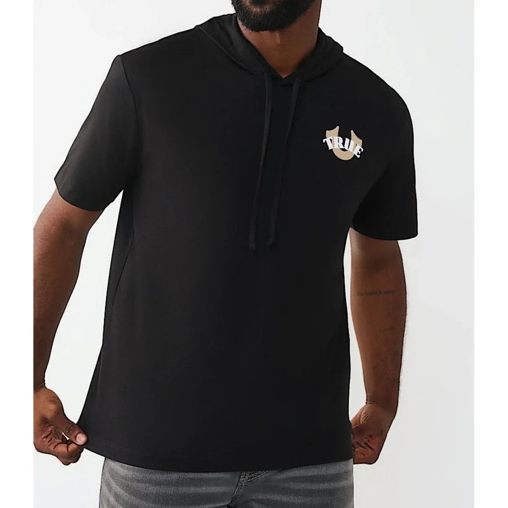True Religion Mens Circular Hoodie Tee Black Short Sleeve Buddha Logo 701367 L